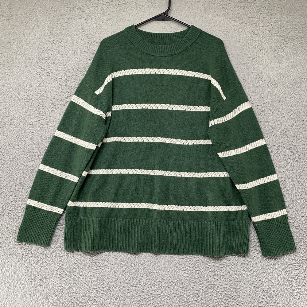 Aerie Oversized Sweater Womens Small Green Striped Crew Neck Knit Pullover